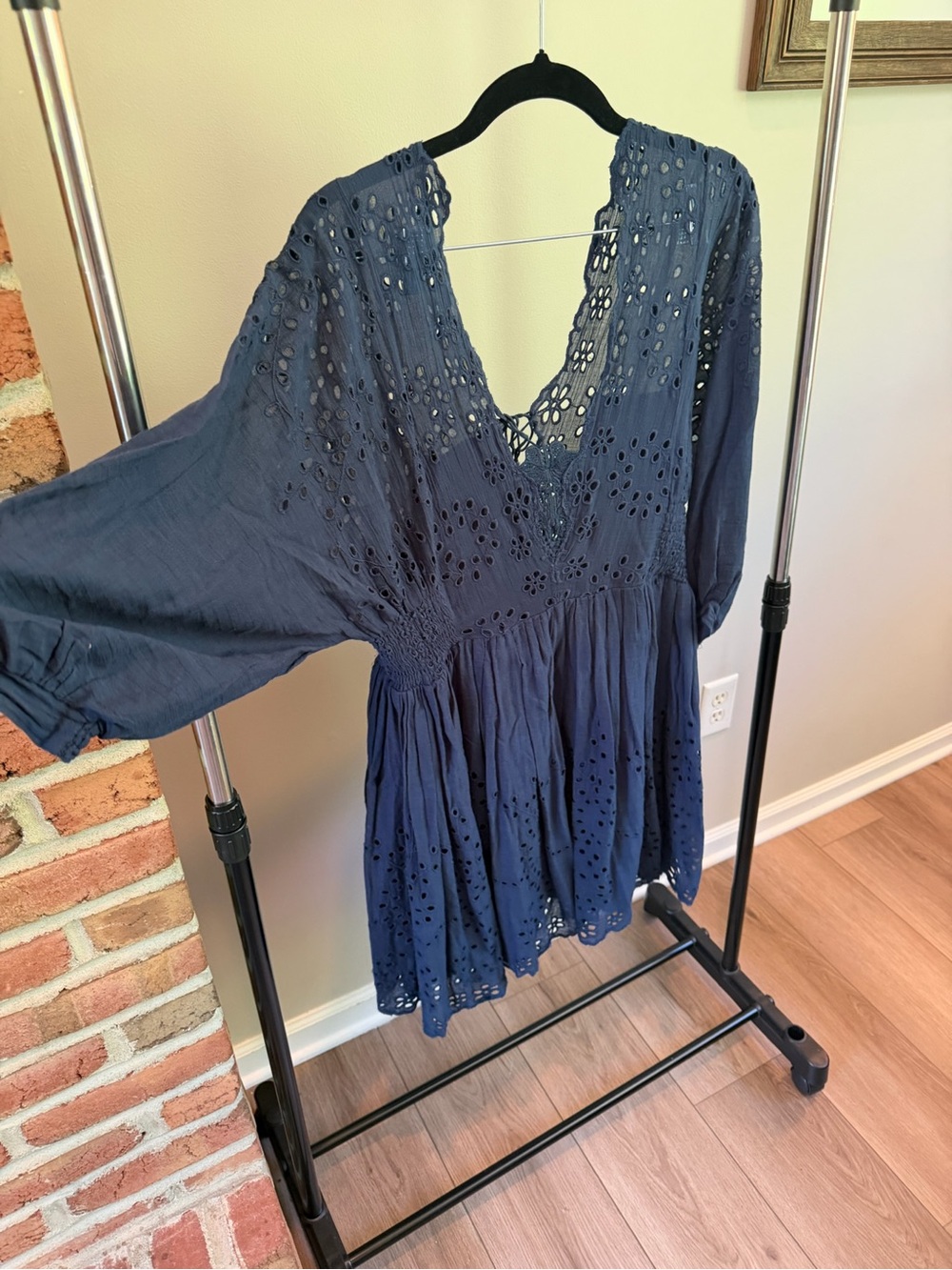 Free People Navy Eyelet V-Neck Mini Dress three quarter sleeves - Women - Picture 5 of 9
